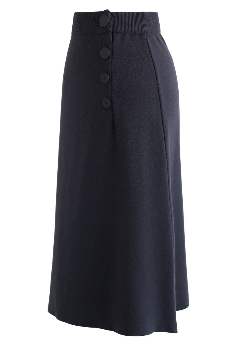 Buttoned Front Knit Midi Skirt in Navy - Retro, Indie and Unique Fashion