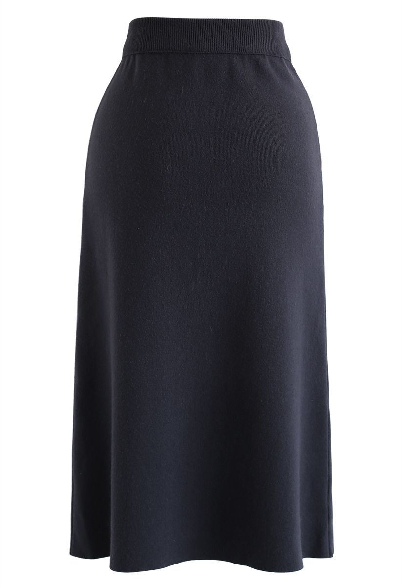 Buttoned Front Knit Midi Skirt in Navy - Retro, Indie and Unique Fashion