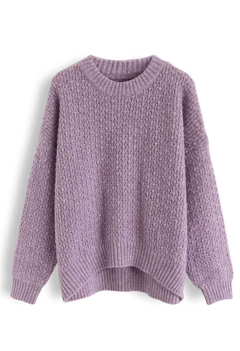 Wavy Round Neck Fuzzy Loose Knit Sweater in Violet - Retro, Indie and ...