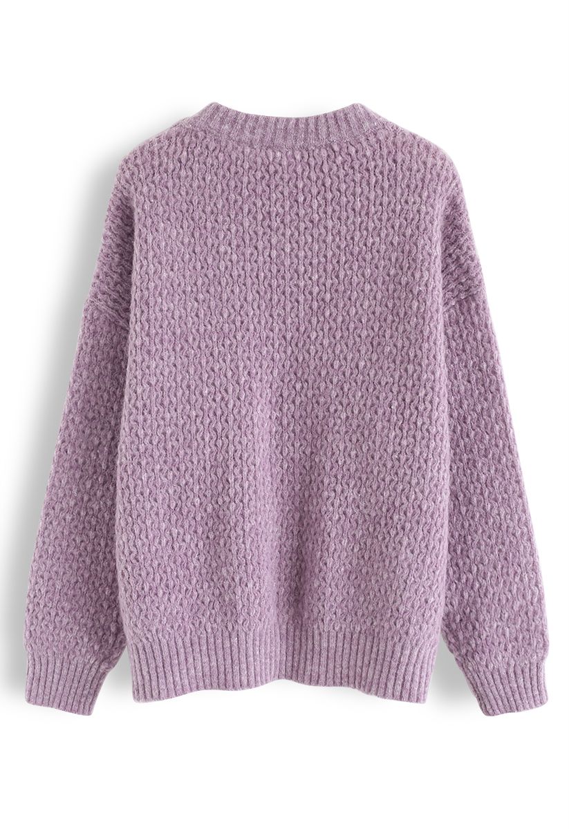 Wavy Round Neck Fuzzy Loose Knit Sweater in Violet