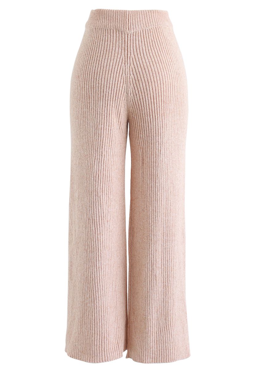 High-Waisted Wide-Leg Knit Pants in Blush - Retro, Indie and Unique Fashion