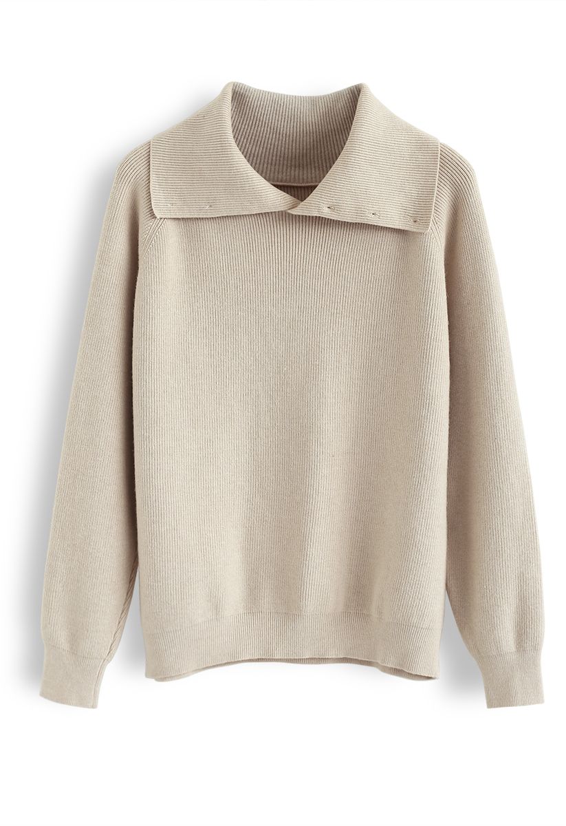 Buttoned Cowl Neck Knit Sweater in Sand