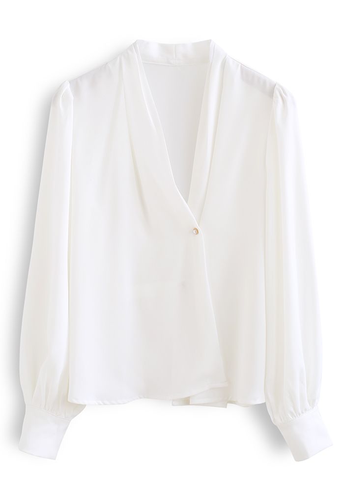 Buttoned Surplice Sleek Satin Top in White - Retro, Indie and Unique ...