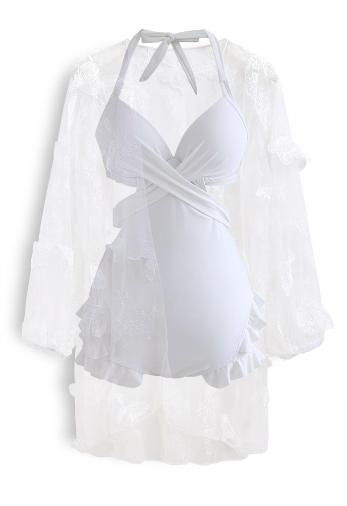 Halter Tied Ruffle Swimsuit with Mesh Kimono in White