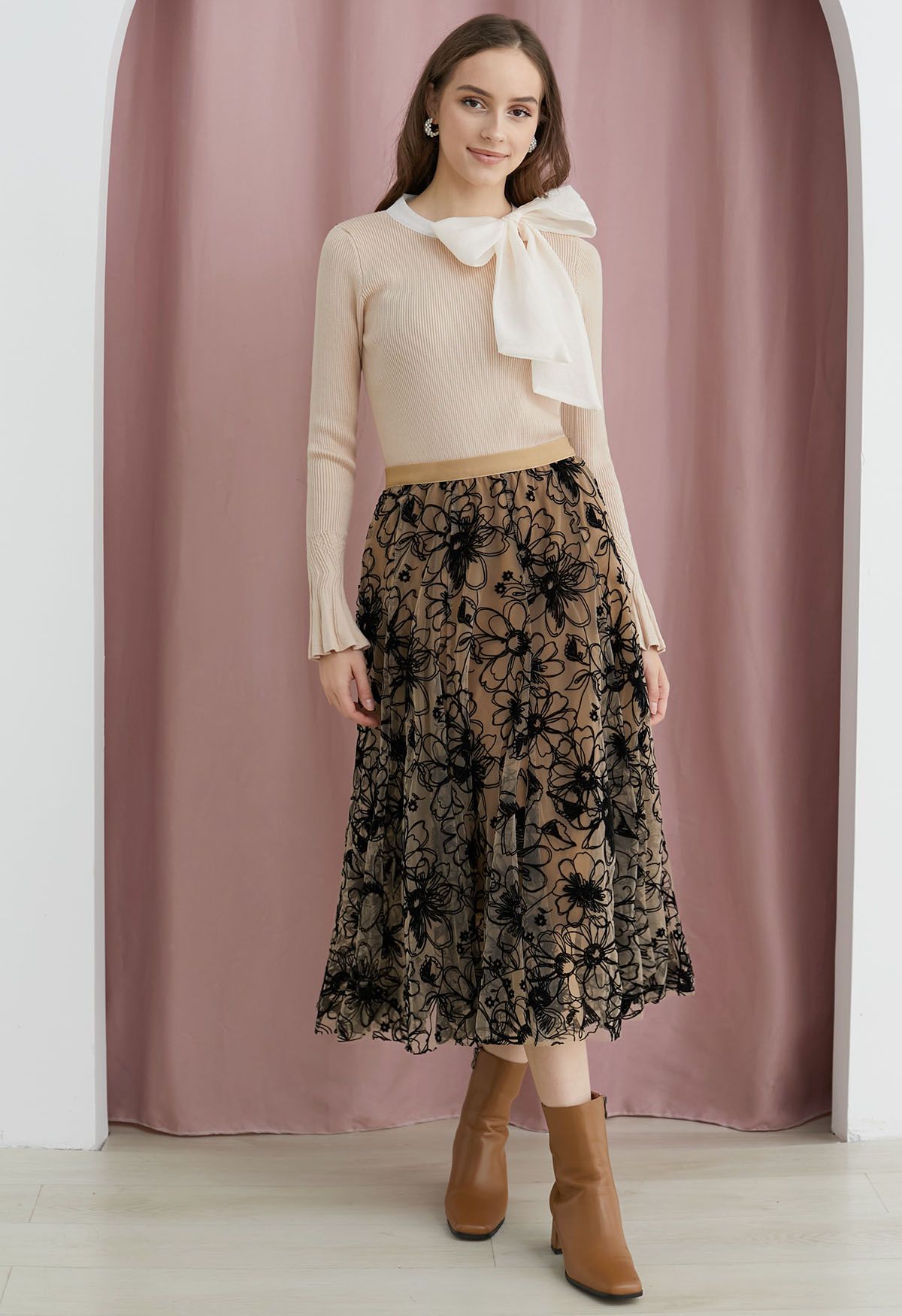 Velvet Flower Blossom Mesh Tulle Skirt in Caramel