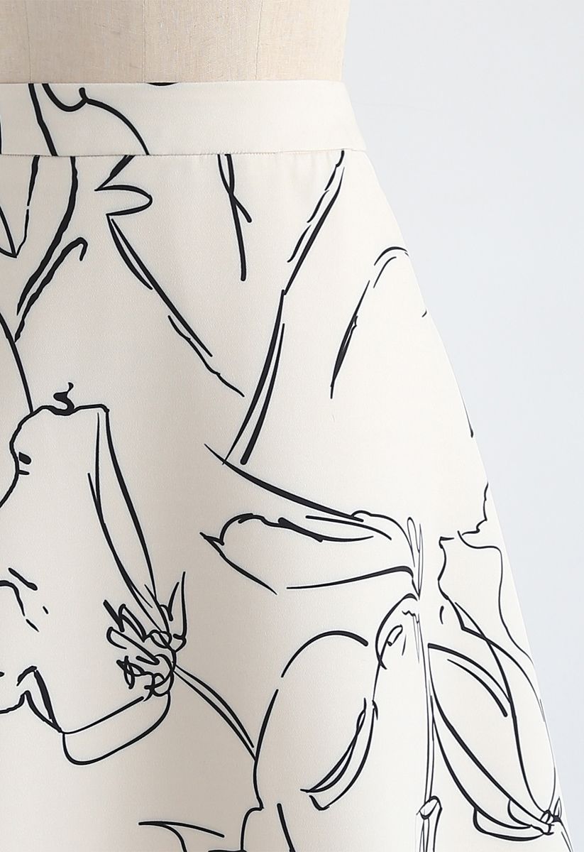 Drawing Blossom A-Line Midi Skirt in Cream