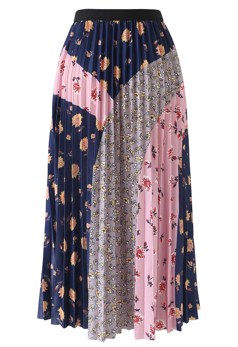 Floral Color Blocked Pleated Midi Skirt in Navy