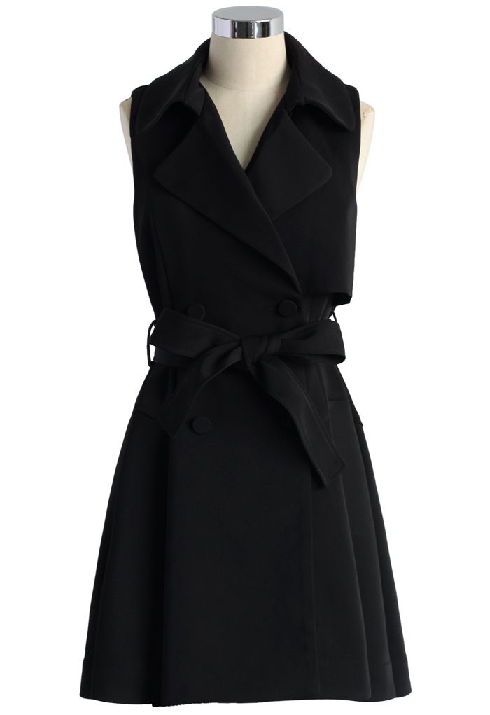 Belted Sleeveless Trench Coat In Black, Black Trench Coat Dress