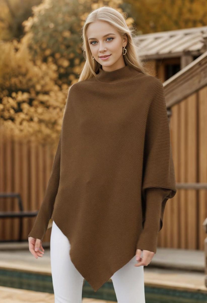 Asymmetric Batwing Sleeve Ribbed Knit Poncho in Caramel - Retro, Indie and  Unique Fashion