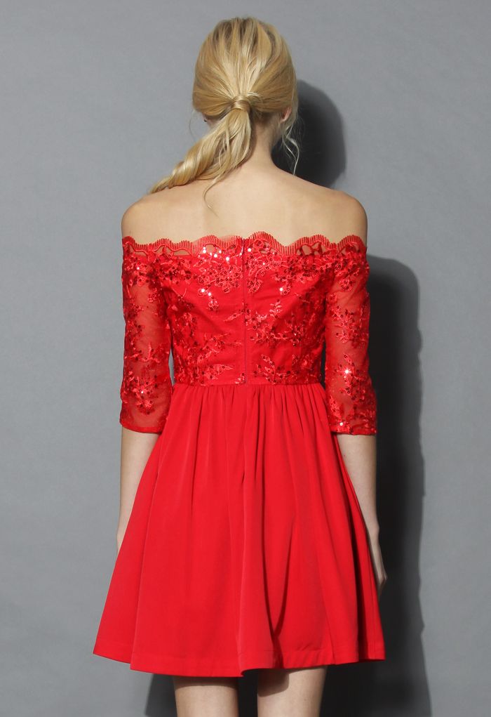 Festive Red Embellished Off-shoulder Dress 