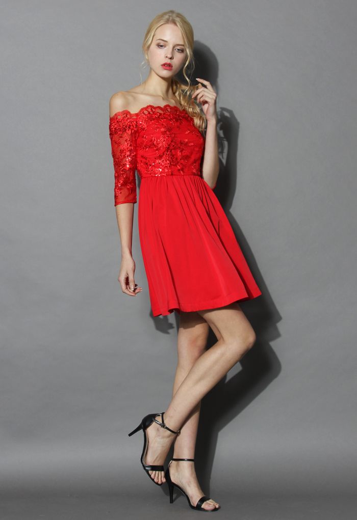 Festive Red Embellished Off-shoulder Dress 