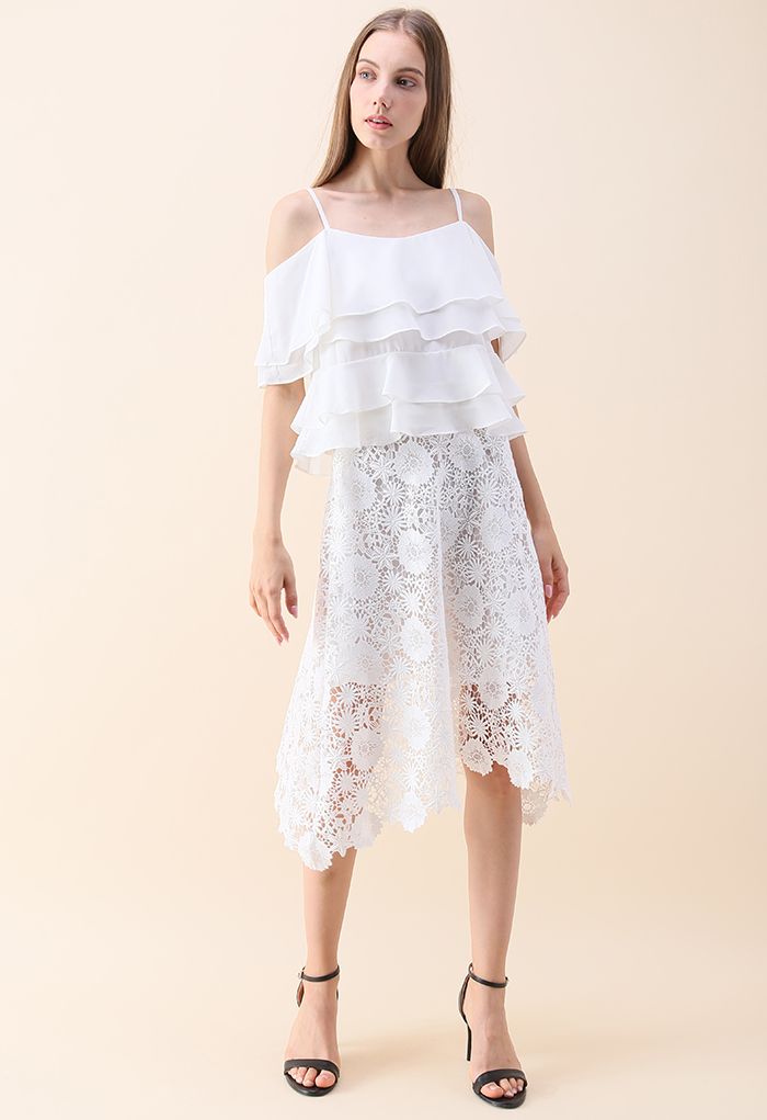 Tiered Animation Chiffon Cold-shoulder Top in White