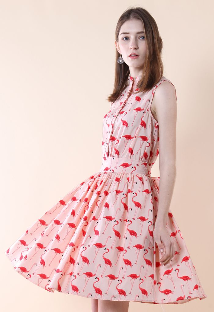 Experiment gras R Flamingo Fun Flare Print Dress - Retro, Indie and Unique Fashion