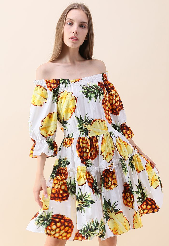 Swing with Pineapple Off-shoulder Dress in White