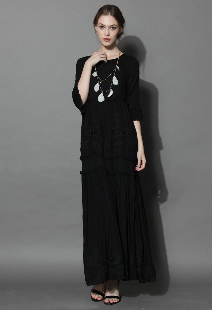 Grace Vines Embroidered Maxi Dress in Black