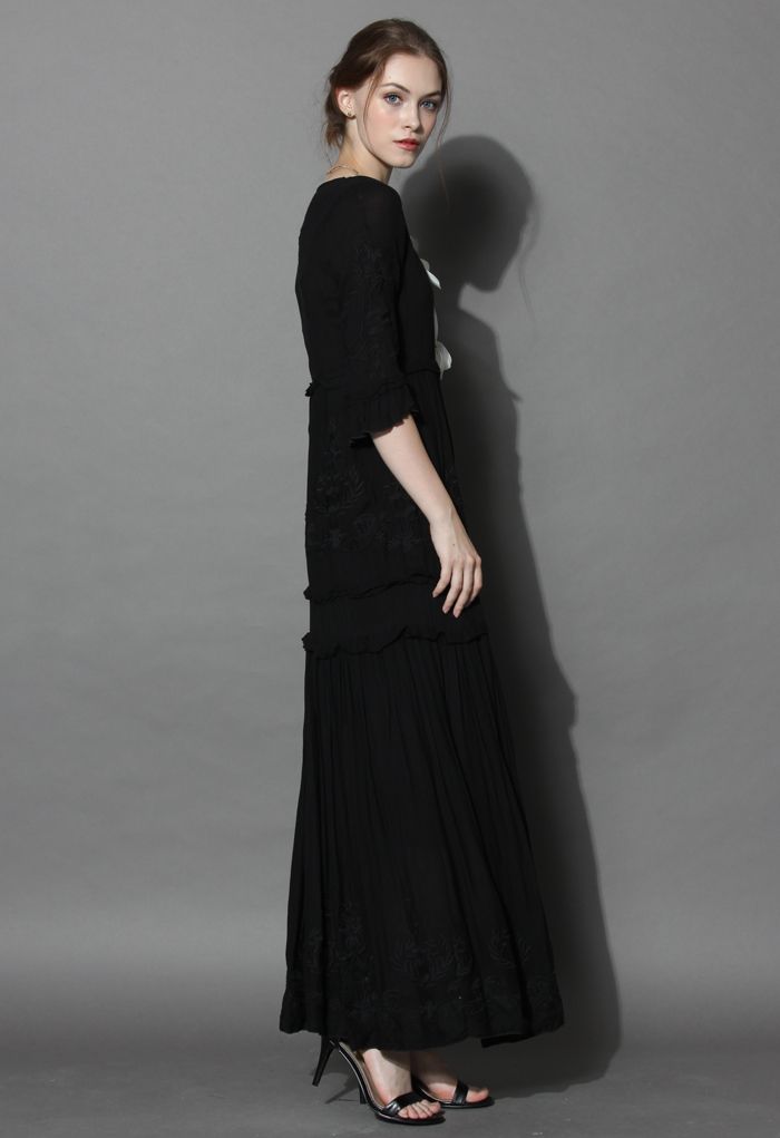 Grace Vines Embroidered Maxi Dress in Black - Retro, Indie and Unique ...