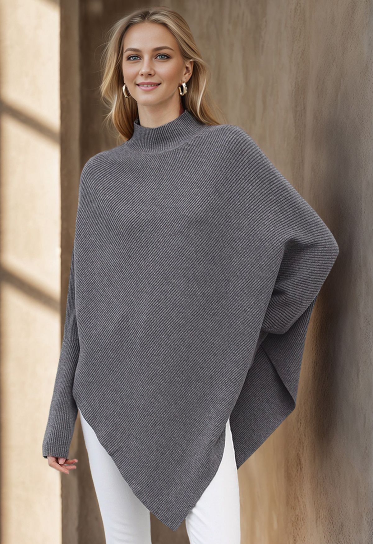 Asymmetric Batwing Sleeve Ribbed Knit Poncho in Grey - Retro, Indie and  Unique Fashion