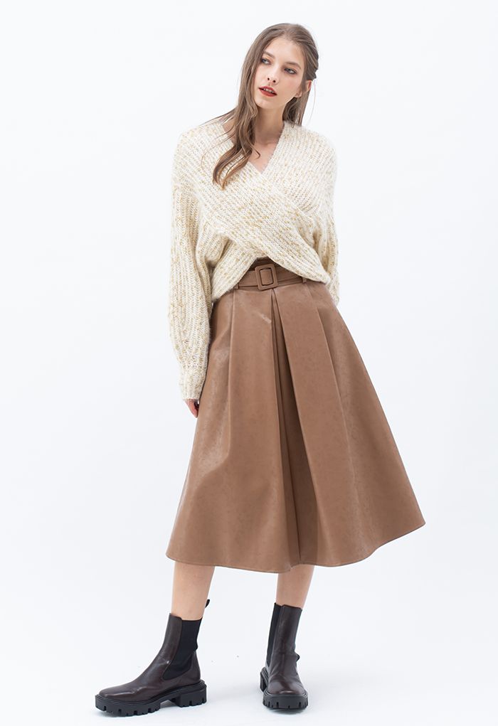 Textured Faux Leather Belted Pleated Skirt in Tan