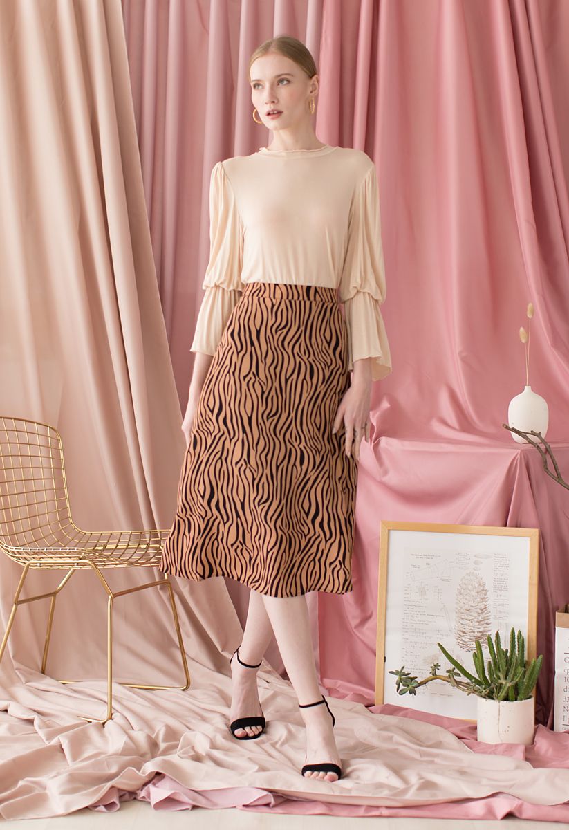 Wildlife Zebra Printed A-Line Midi Skirt in Caramel