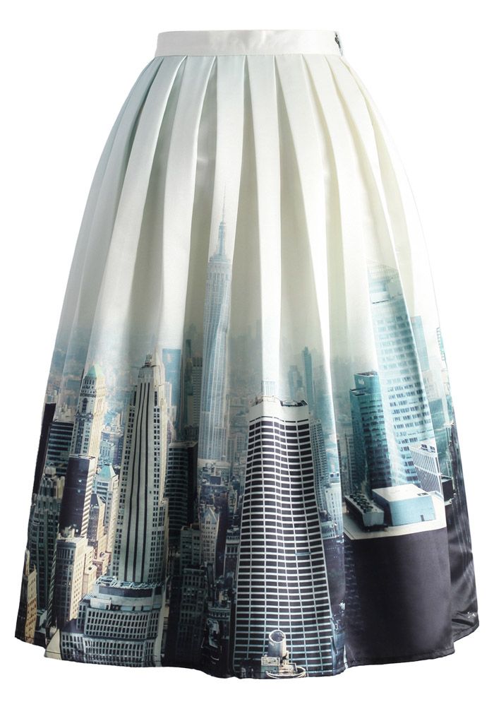 New York Skyline Printed Midi Skirt