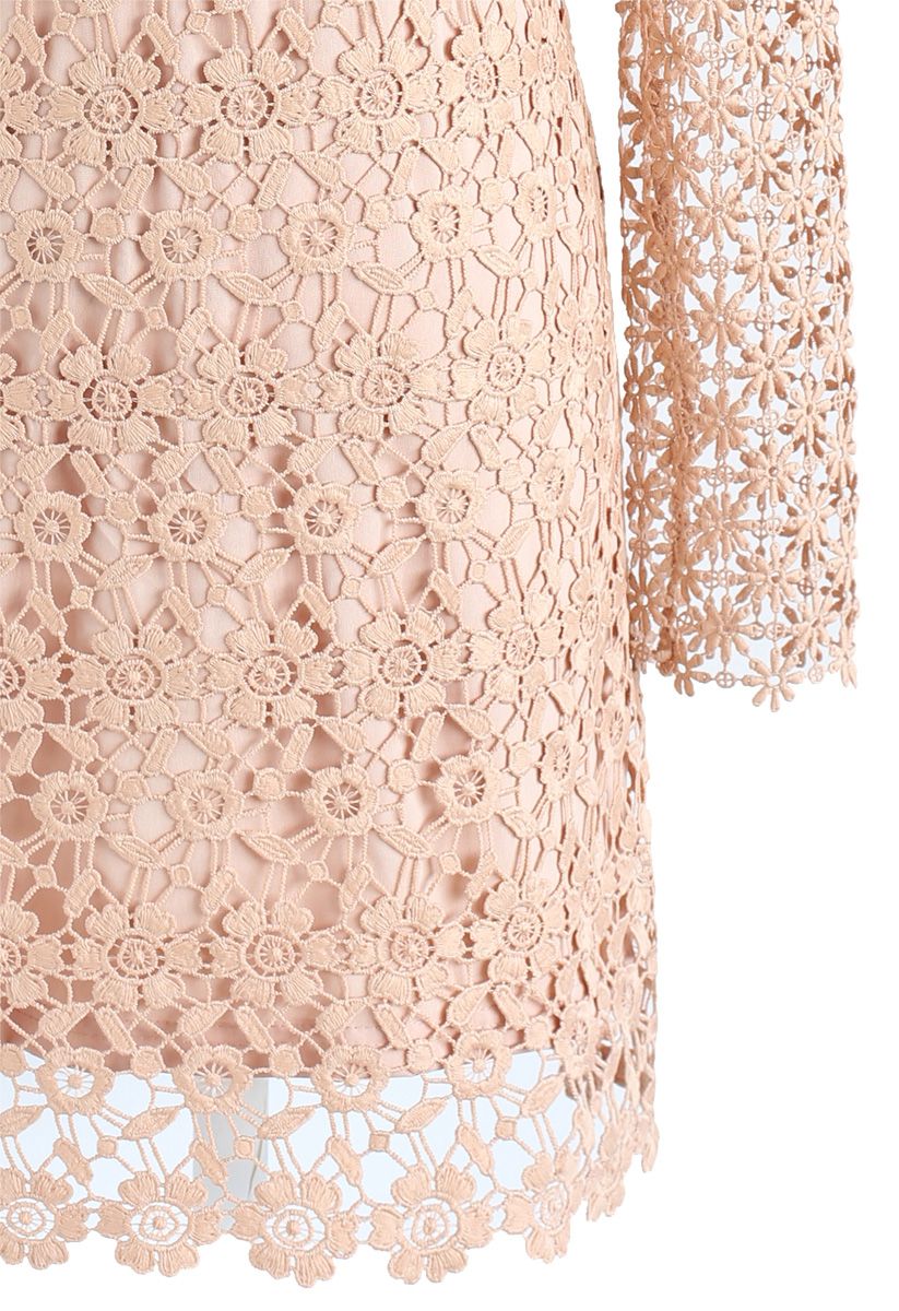 Ladylike Floral Crochet Panelled Shift Dress in Tan