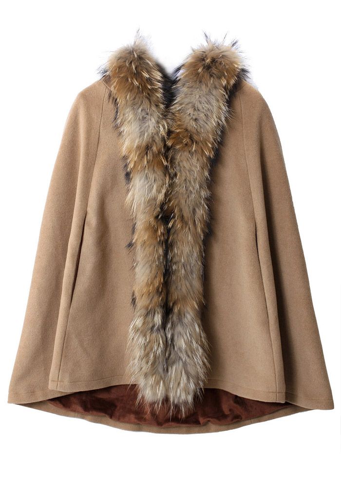Luxury Khaki Detachable Fur Hooded Cape