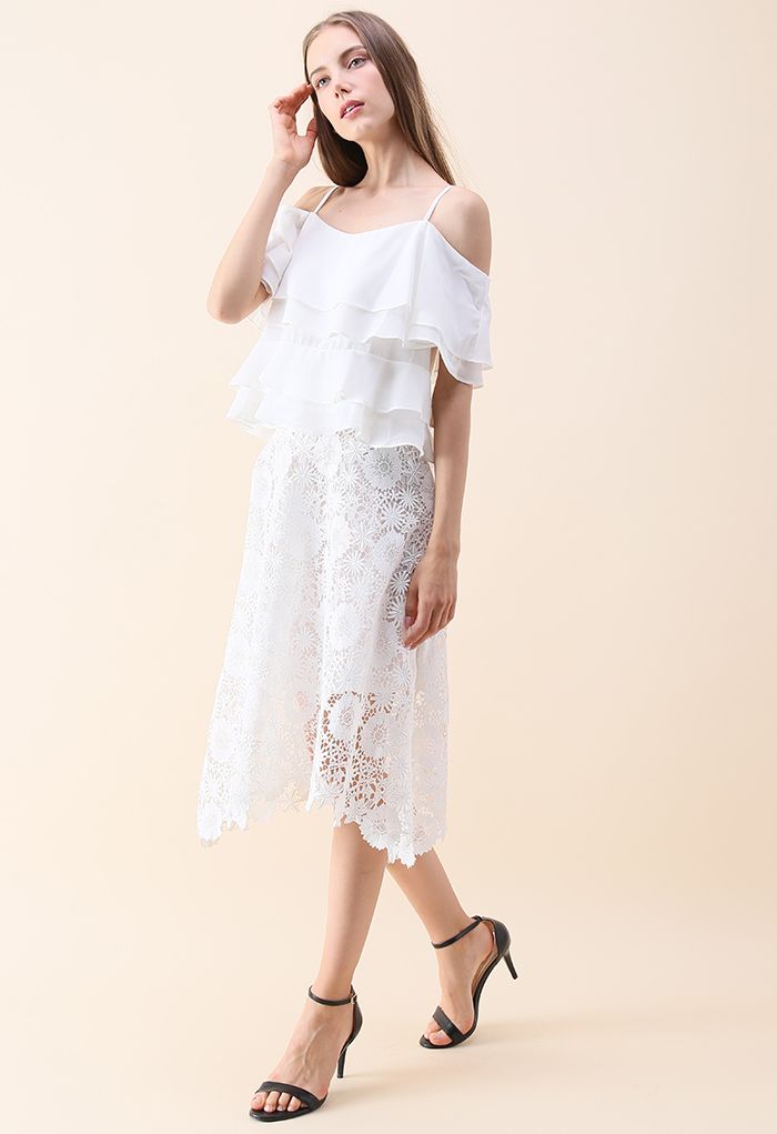 Tiered Animation Chiffon Cold-shoulder Top in White