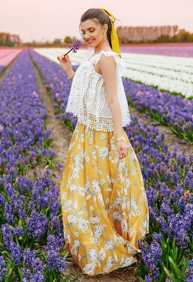 Flower Season Chiffon Maxi Skirt in Yellow