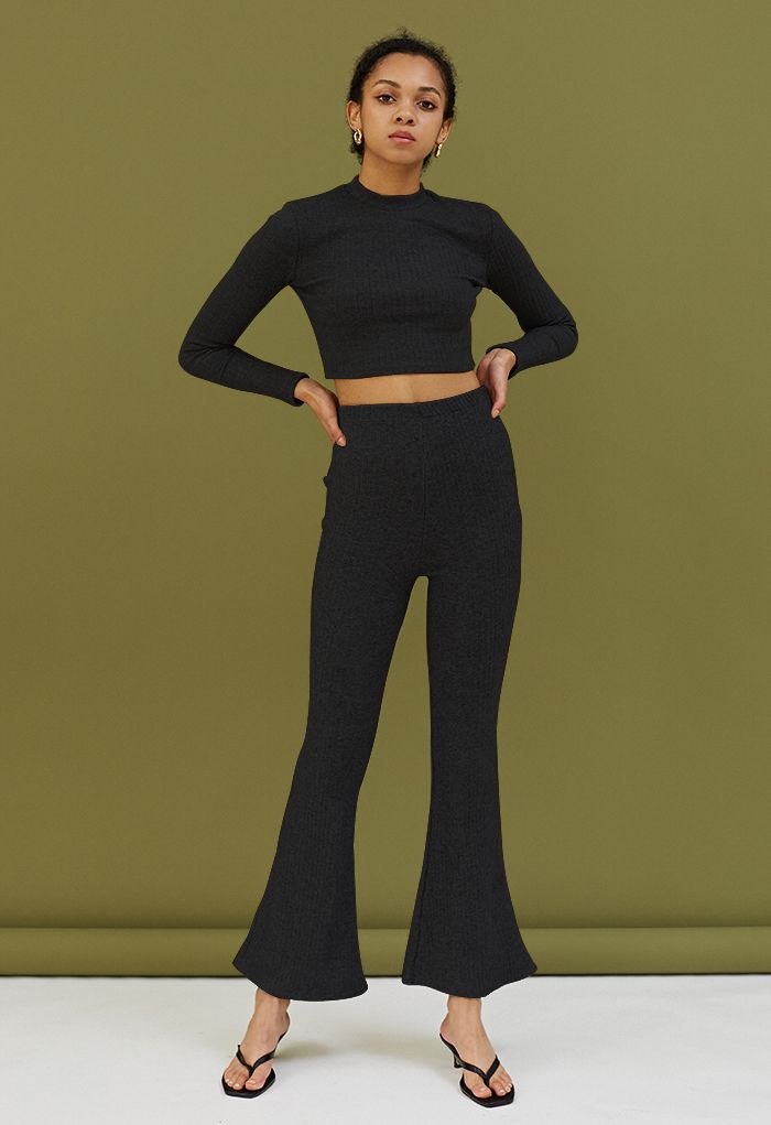 Trendy Soft Crop Top and Flare Pants Set in Black - Retro, Indie and Unique  Fashion