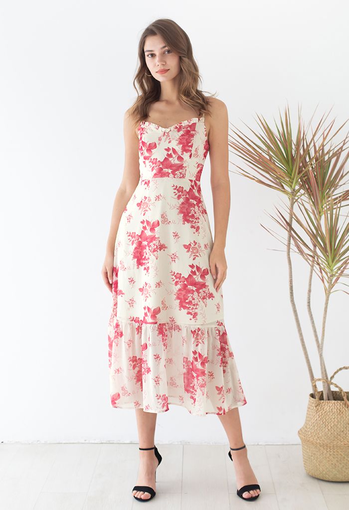 Plum Blossom Shirred Cami Midi Dress