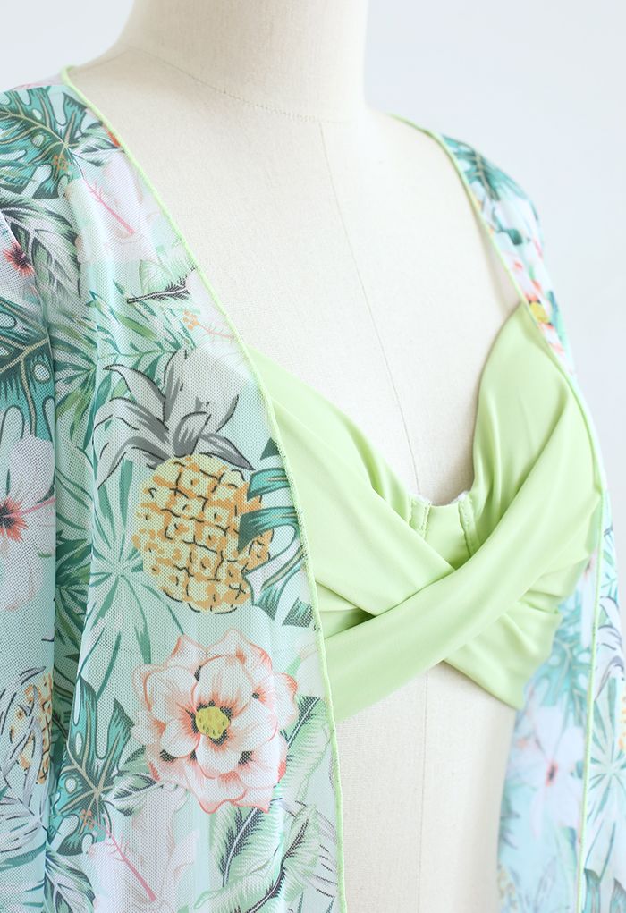 Fresh Floral Crisscross Front Bikini Cover-Up Set in Light Green