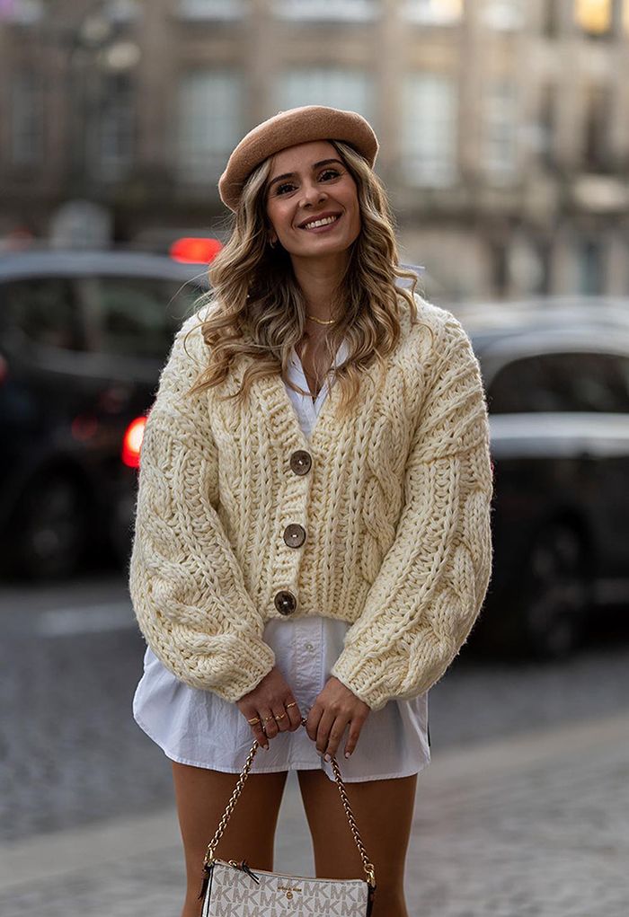 V-Neck Crop Hand-Knit Chunky Cardigan in Cream