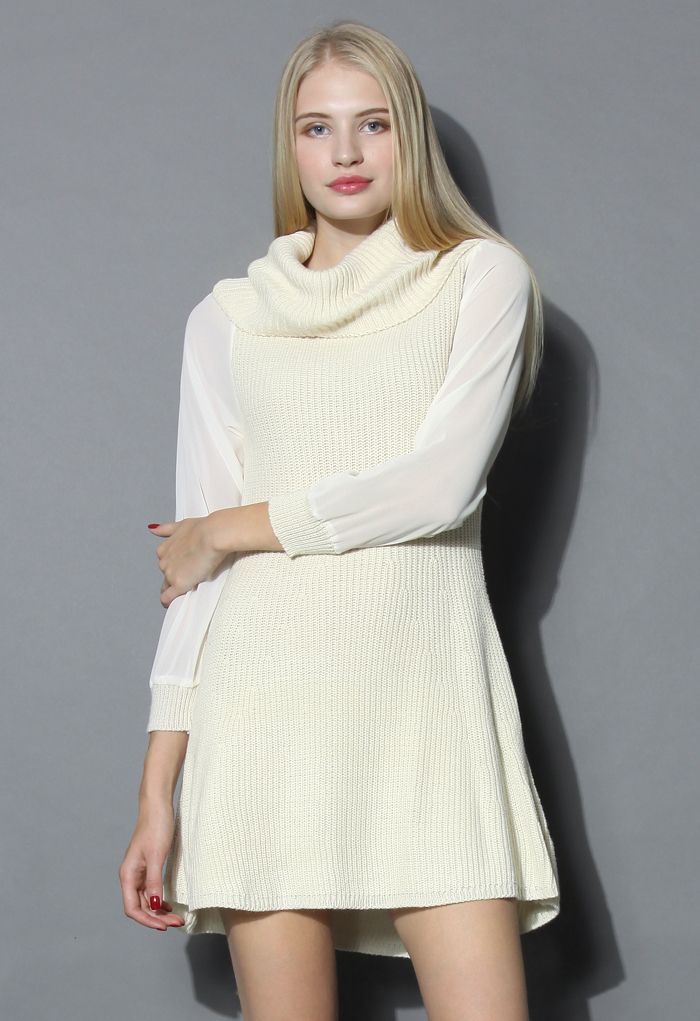 Roll Neck Knitted Dress with Chiffon Sleeves in Cream