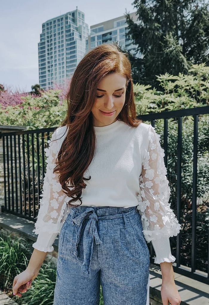 3D Flower Mesh Sleeves Knit Top in White - Retro, Indie and Unique