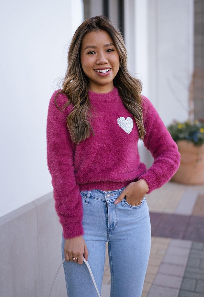 Pearly Heart Patch Soft Fuzzy Knit Sweater in Berry