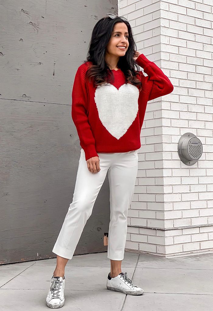 One Heart Rib Knit Oversized Sweater in Red