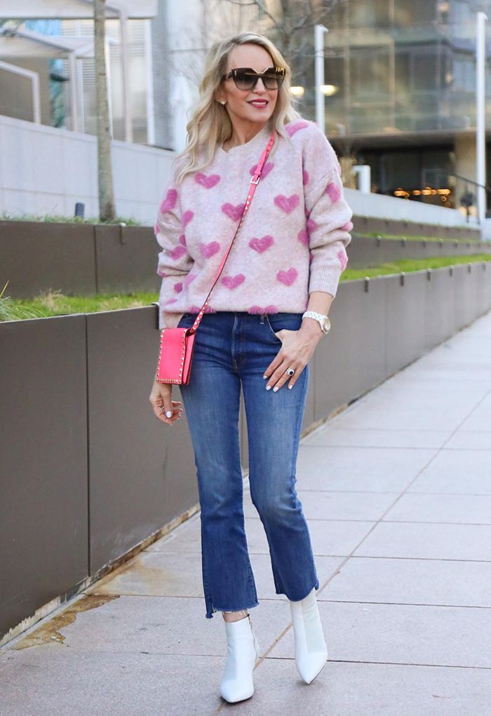 Contrast Color Fuzzy Hearts Knit Sweater