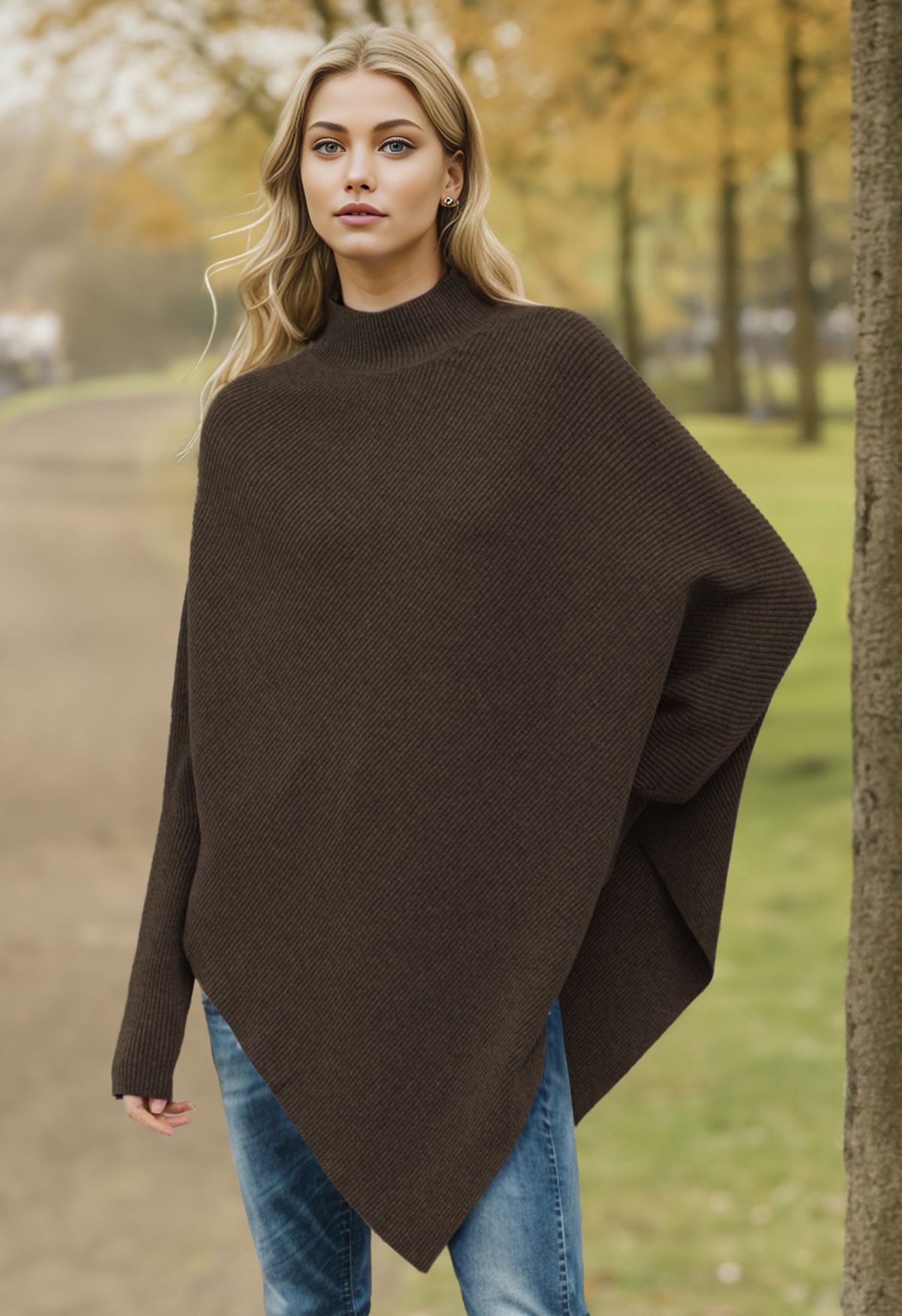 Asymmetric Batwing Sleeve Ribbed Knit Poncho in Brown - Retro, Indie and  Unique Fashion