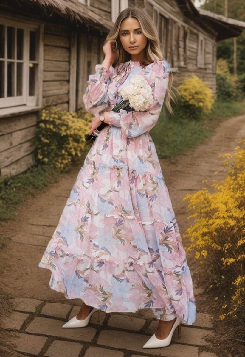 Pink Lily Blossom Chiffon Maxi Dress