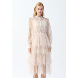 Lacy Sleeves Tiered Mesh Dress in Cream - Retro, Indie and Unique Fashion