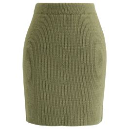 Fluffy Texture Knit Skirt in Army Green - Retro, Indie and Unique Fashion