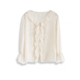 Lines Decorated Ruffle Sheer Top in Cream - Retro, Indie and Unique Fashion