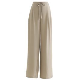 Drawstring High-Waisted Wide-Leg Pants in Sand - Retro, Indie and ...
