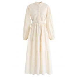 Buttoned Eyelet Embroidered Belted Dress in Cream - Retro, Indie and ...