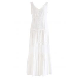 Crochet Trims Panelled Button Down Sleeveless Maxi Dress in White ...