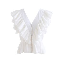 Pleated Ruffle Buttoned Deep V-Neck Crop Top in White - Retro, Indie ...