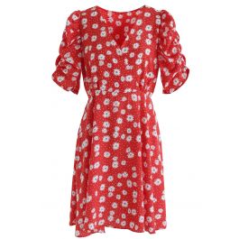 Full-Blown Daisy Print Wrapped Midi Dress in Red - Retro, Indie and ...