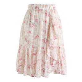 Floral Print Ruffle Eyelet Embroidered Chiffon Skirt in Pink - Retro ...