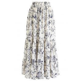 Navy Floral Frilling Hem Maxi Skirt - Retro, Indie and Unique Fashion