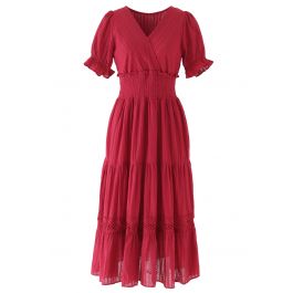 Embroidery Eyelet Shirred Frill Boho Dress in Red - Retro, Indie and ...